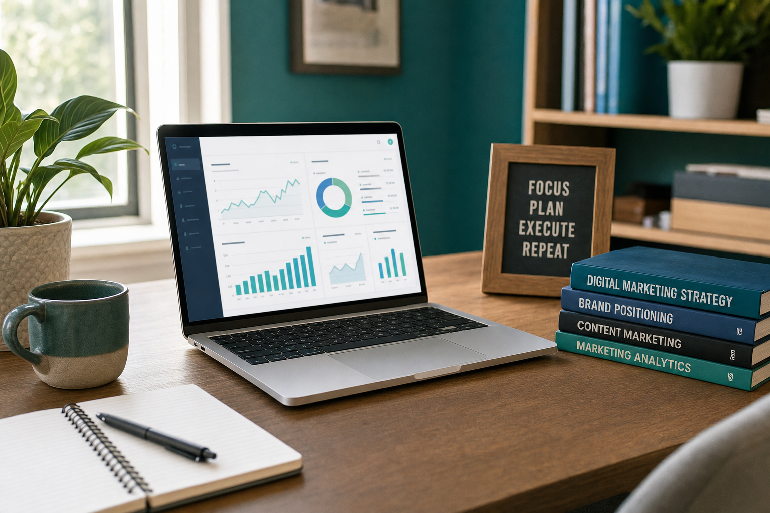 A tidy home-office desk with a laptop showing marketing analytics, a stack of strategy books, and a motivational quote card